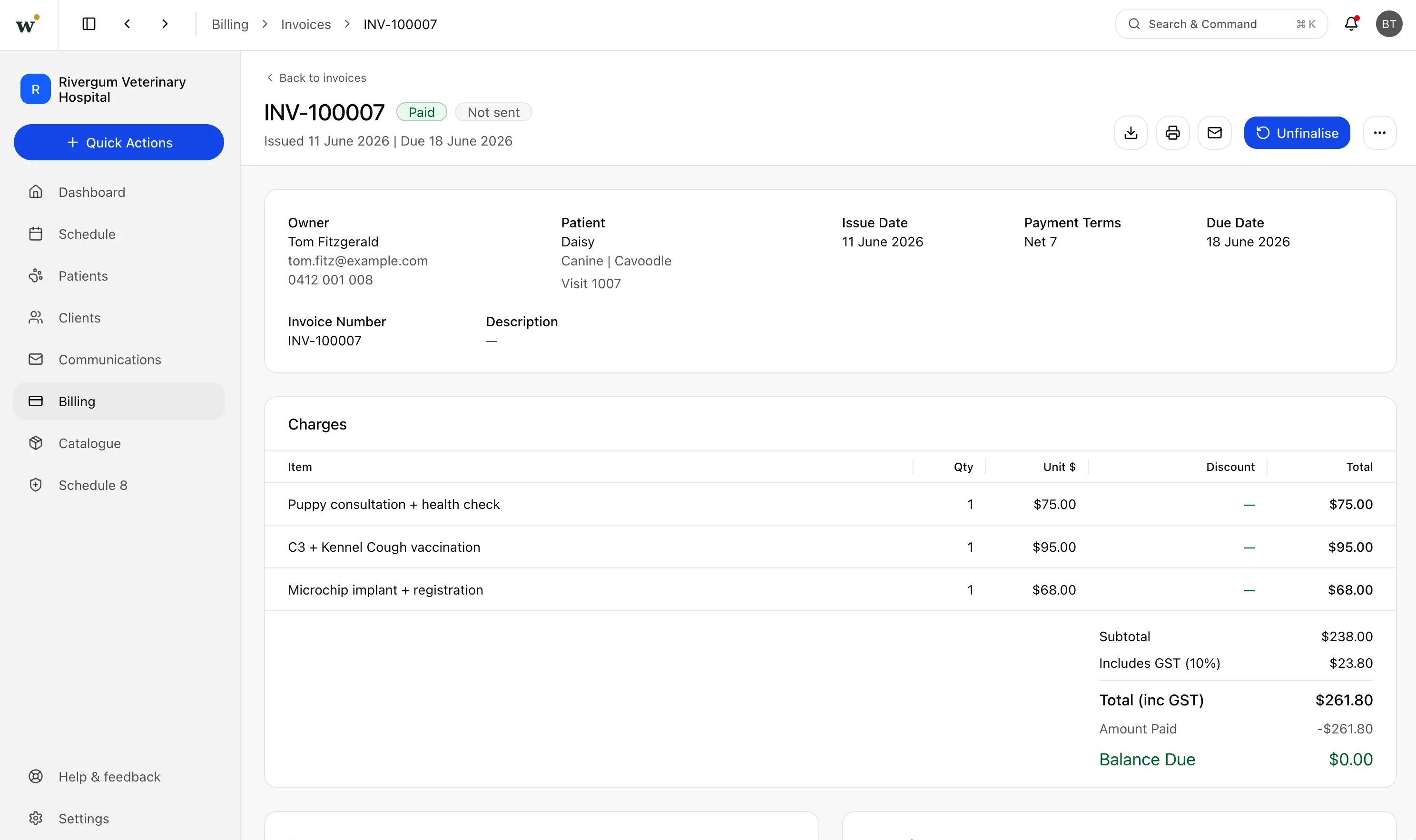 Wattle Clinic invoice with line items and GST