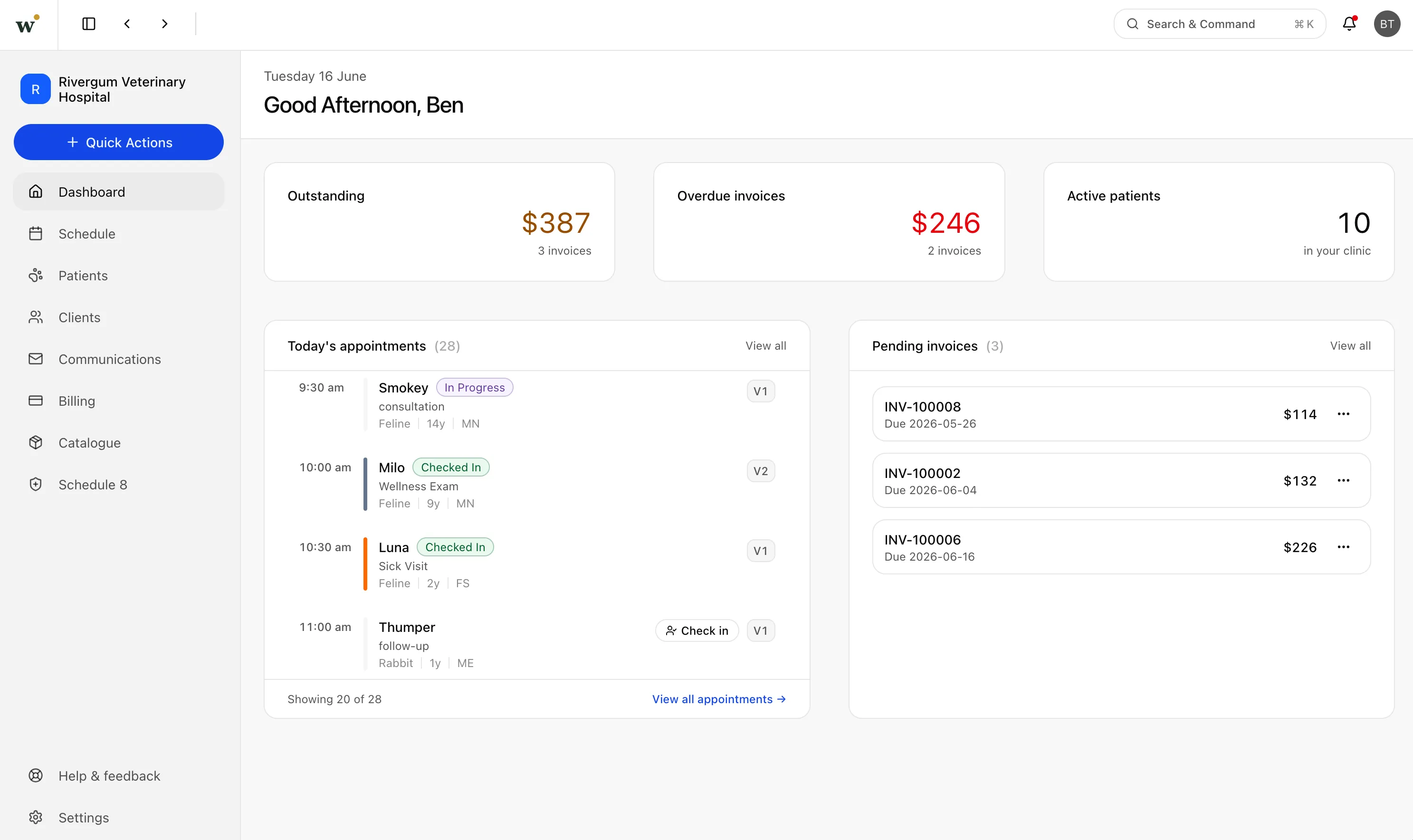 Wattle Clinic dashboard — today's appointments, outstanding balances and pending invoices